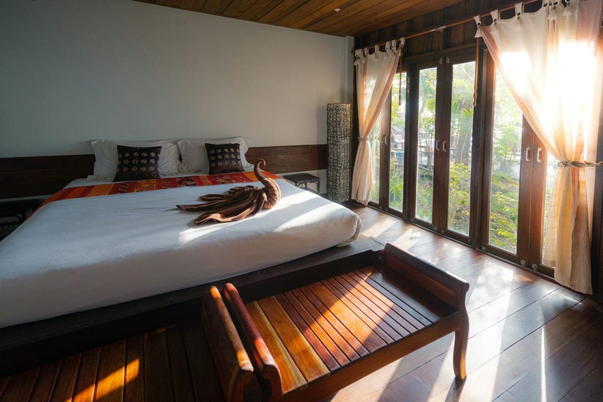 Hotel room overlooking a terrace